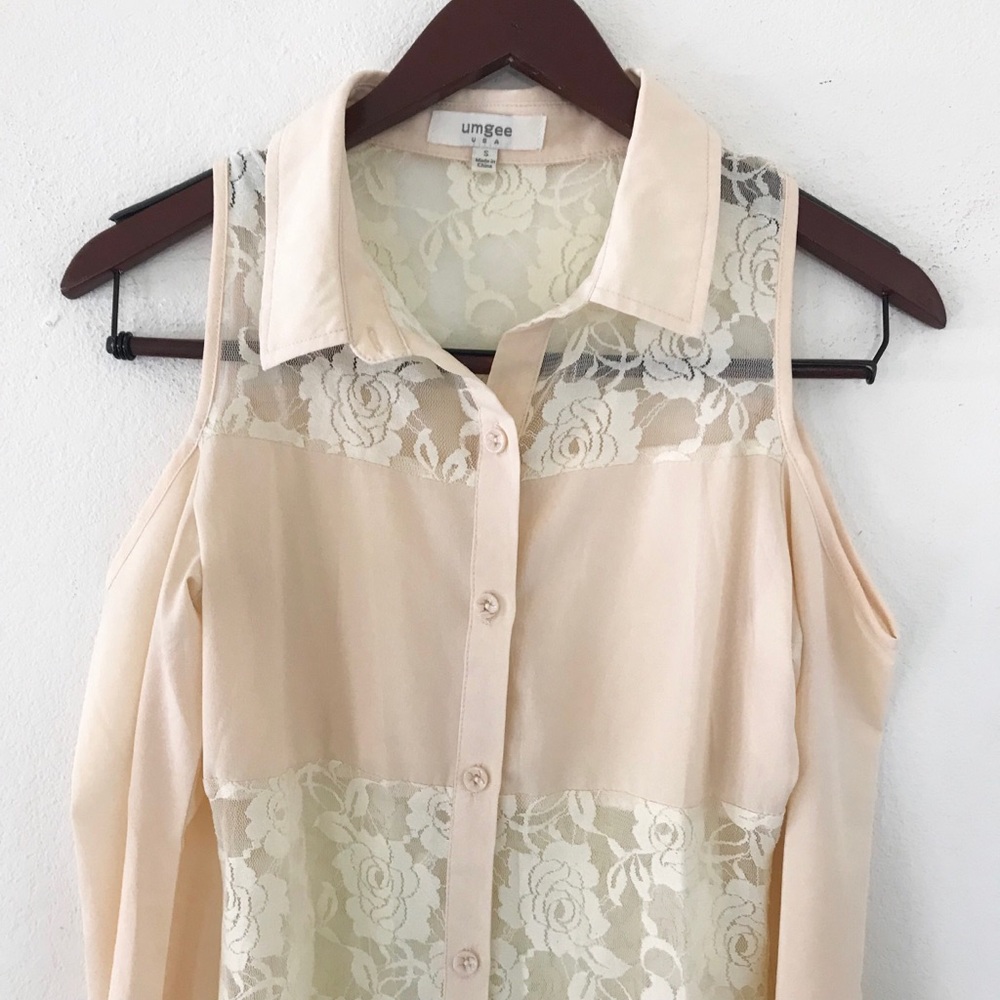 umgee lace cold shoulder button up chiffon top
